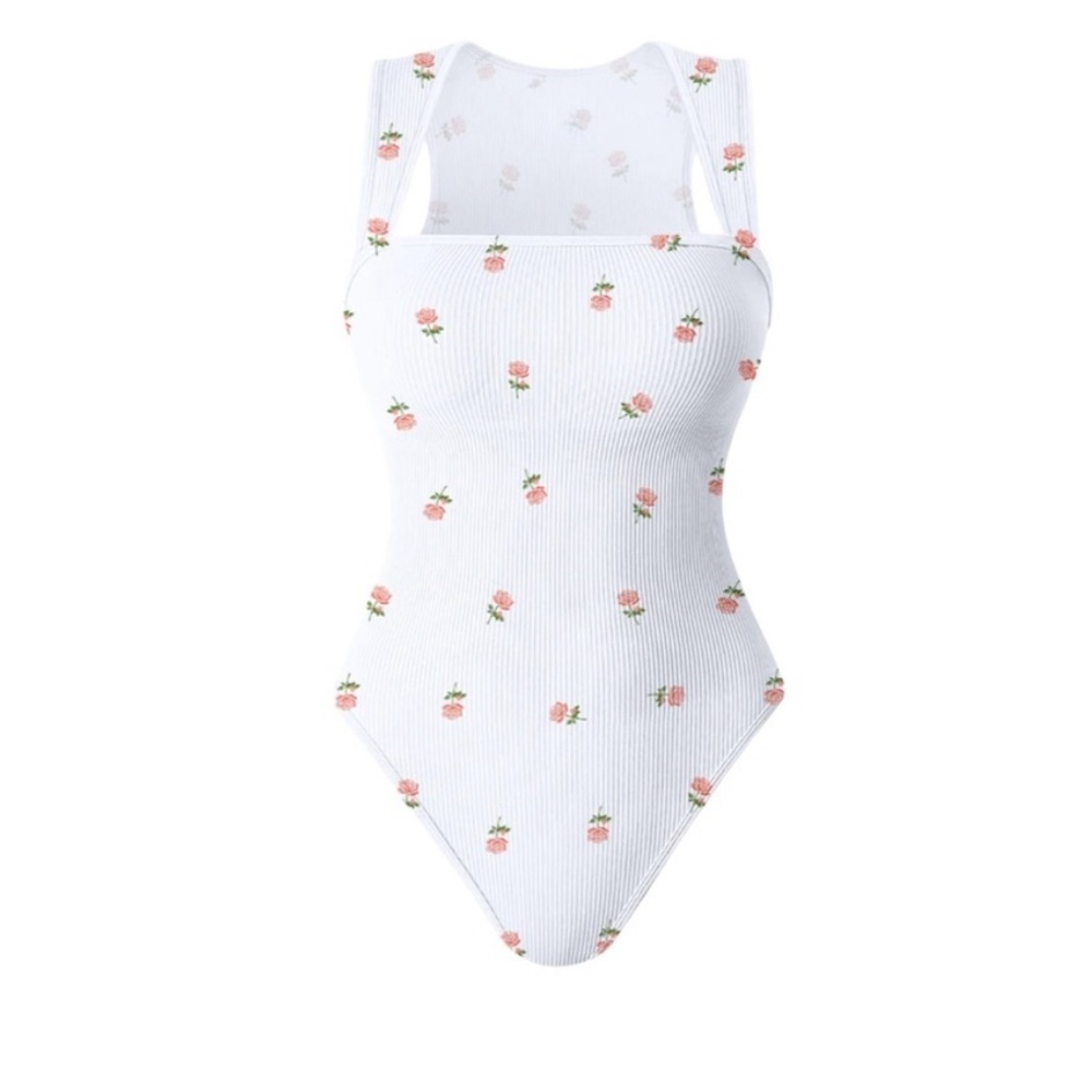 OQQ Floral White Pink Square Neck Sleeveless Tummy Control Tank Top Bodysuit